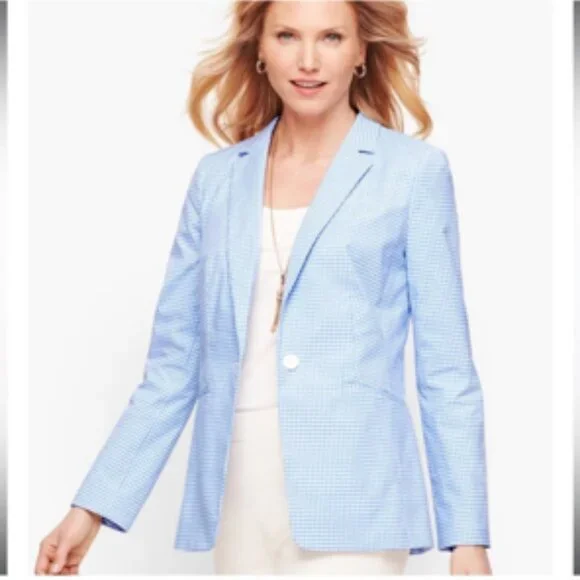 Talbots One Button Gingham Blazer Jacket Coastal Spring Summer Blue & White 16W - Picture 2 of 10